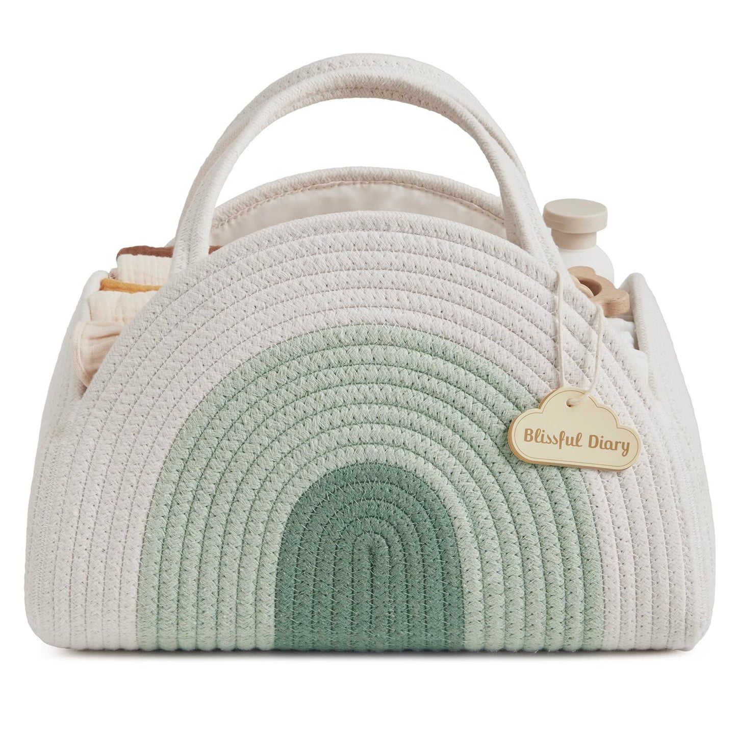 Cotton Rope Diaper Caddy - Large Baby Storage Basket with Handles (Mint Rainbow)
