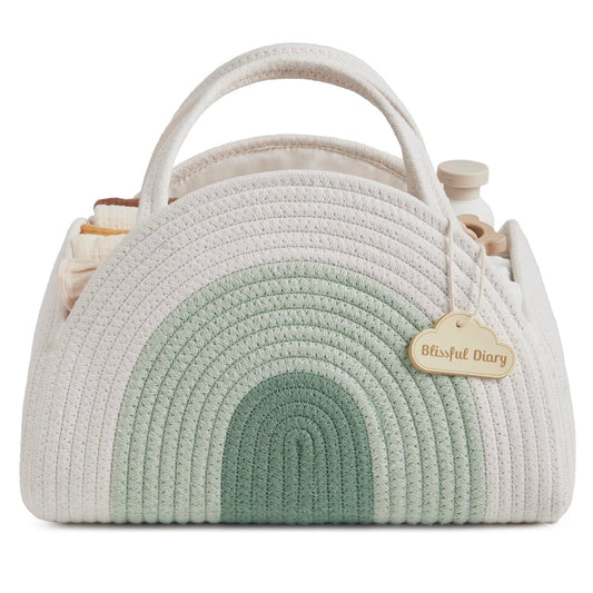 Cotton Rope Diaper Caddy - Large Baby Storage Basket with Handles (Mint Rainbow)