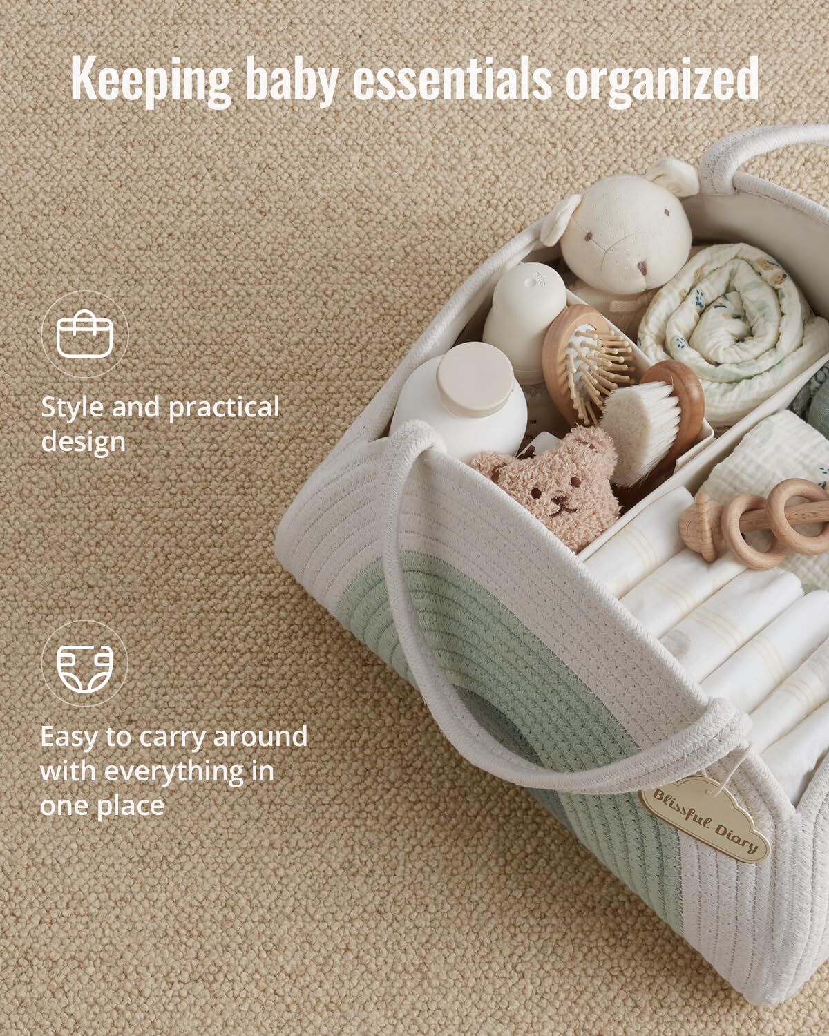 Cotton Rope Diaper Caddy - Large Baby Storage Basket with Handles (Mint Rainbow)