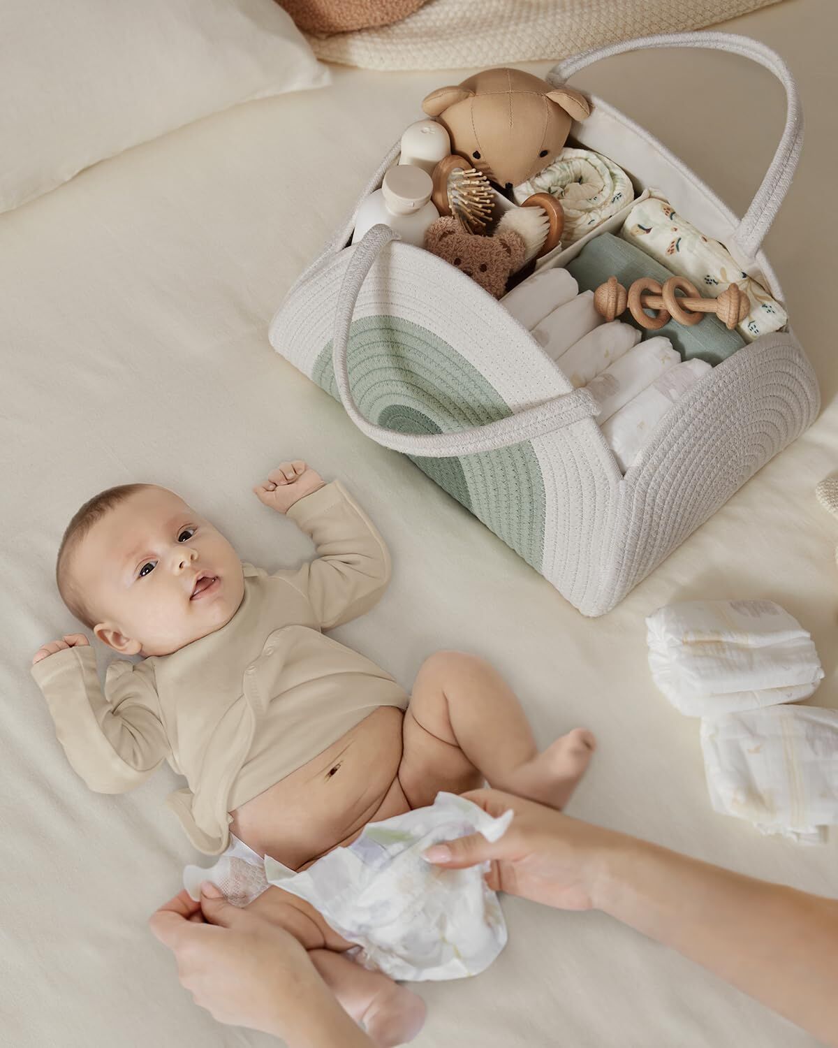Cotton Rope Diaper Caddy - Large Baby Storage Basket with Handles (Mint Rainbow)