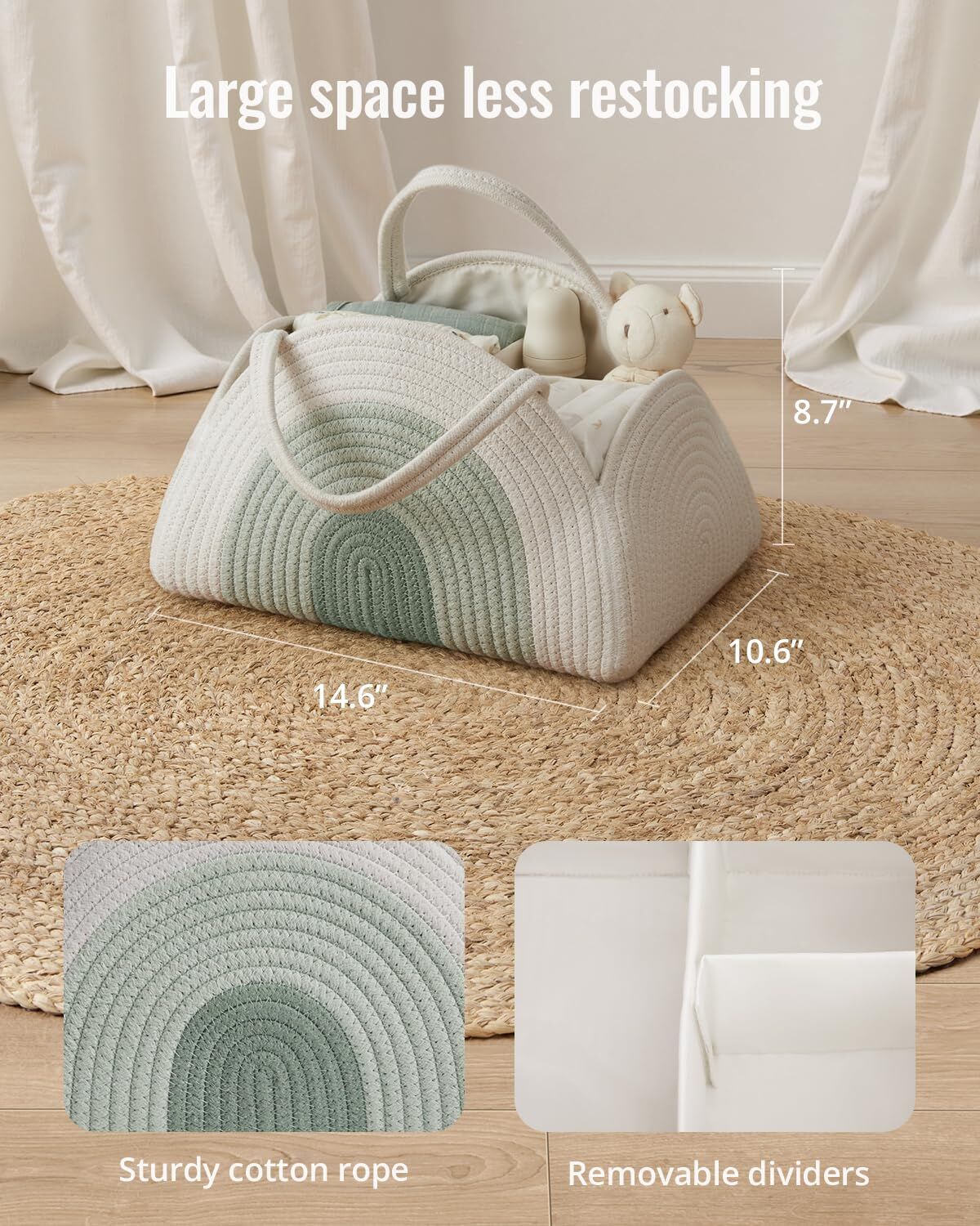 Cotton Rope Diaper Caddy - Large Baby Storage Basket with Handles (Mint Rainbow)