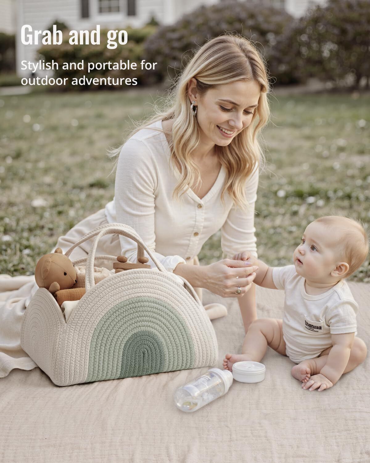 Cotton Rope Diaper Caddy - Large Baby Storage Basket with Handles (Mint Rainbow)