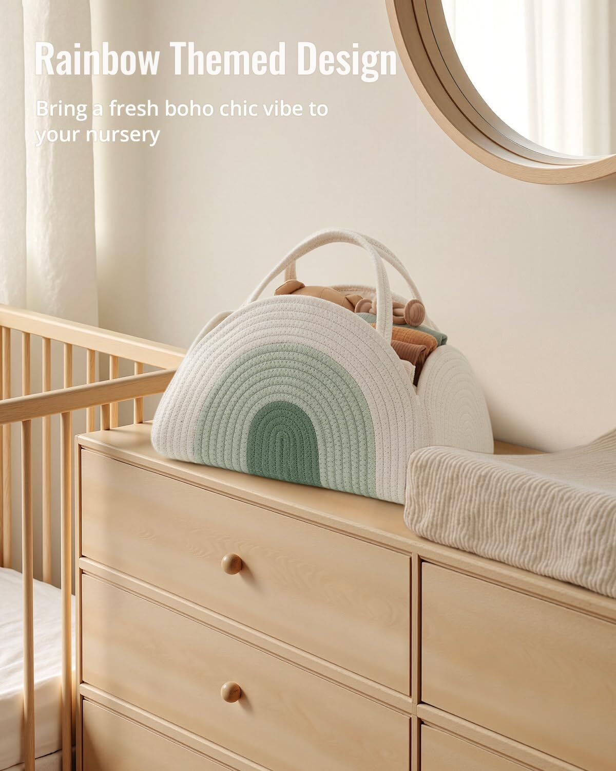 Cotton Rope Diaper Caddy - Large Baby Storage Basket with Handles (Mint Rainbow)