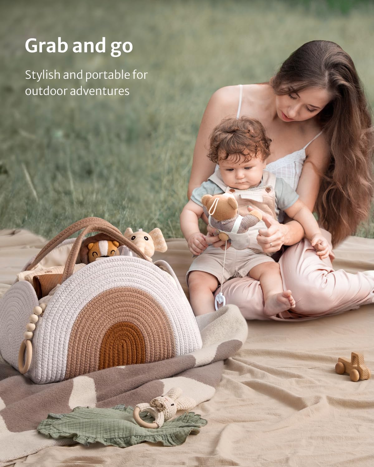 Portable Cotton Rope Diaper Caddy – Large Baby Storage Basket with Removable Dividers and Handles for Nursery, Car, Travel – Stylish Organizing Bin...