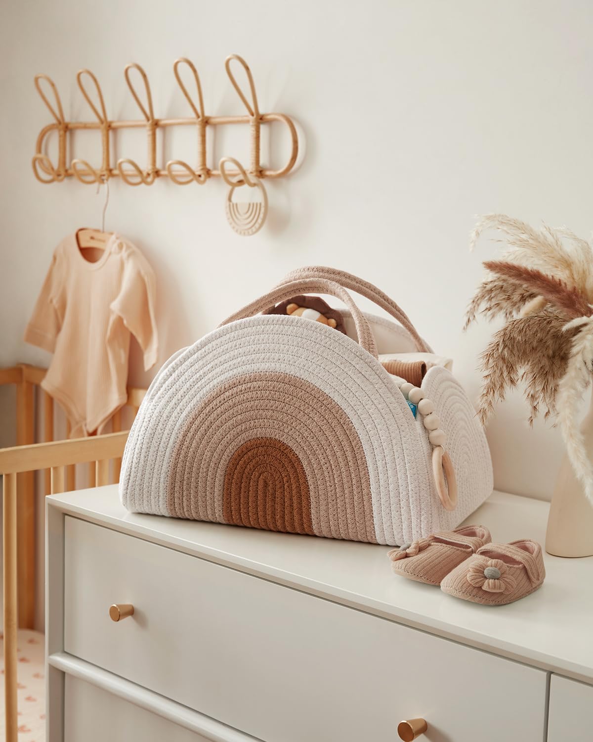 Portable Cotton Rope Diaper Caddy – Large Baby Storage Basket with Removable Dividers and Handles for Nursery, Car, Travel – Stylish Organizing Bin...