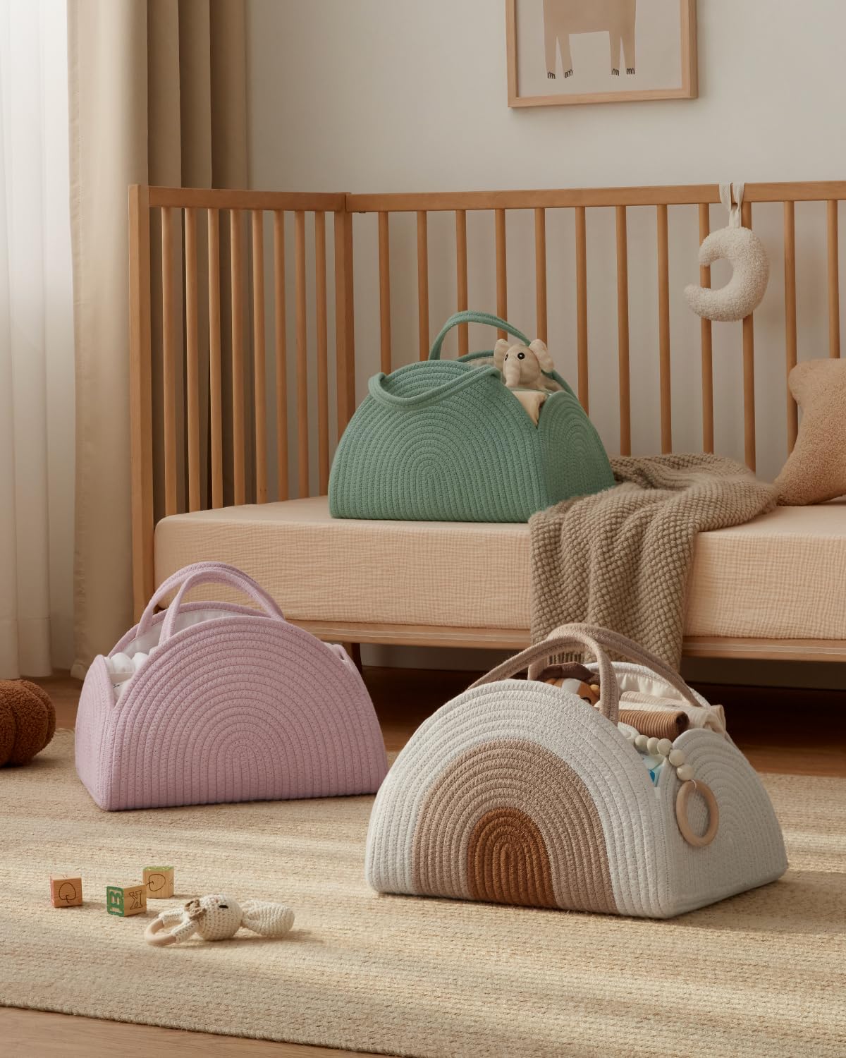 Portable Cotton Rope Diaper Caddy – Large Baby Storage Basket with Removable Dividers and Handles for Nursery, Car, Travel – Stylish Organizing Bin...