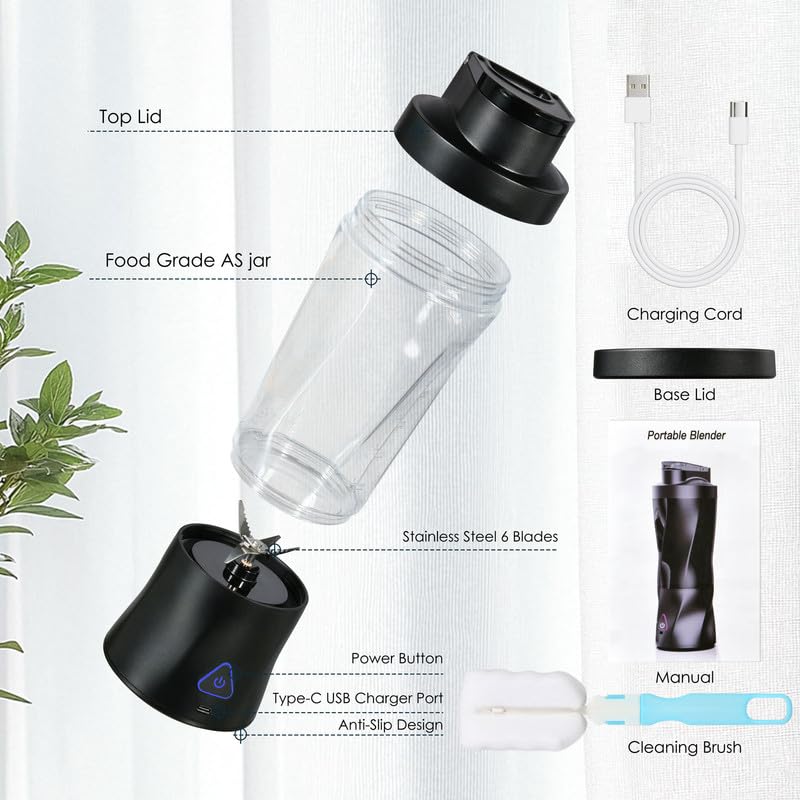 Portable Blender with 360W Motor – Wireless 24oz Juicer, USB-C Rechargeable, Self-Cleaning, 6-Blade, BPA-Free (Black) | Other Colors Available in Store