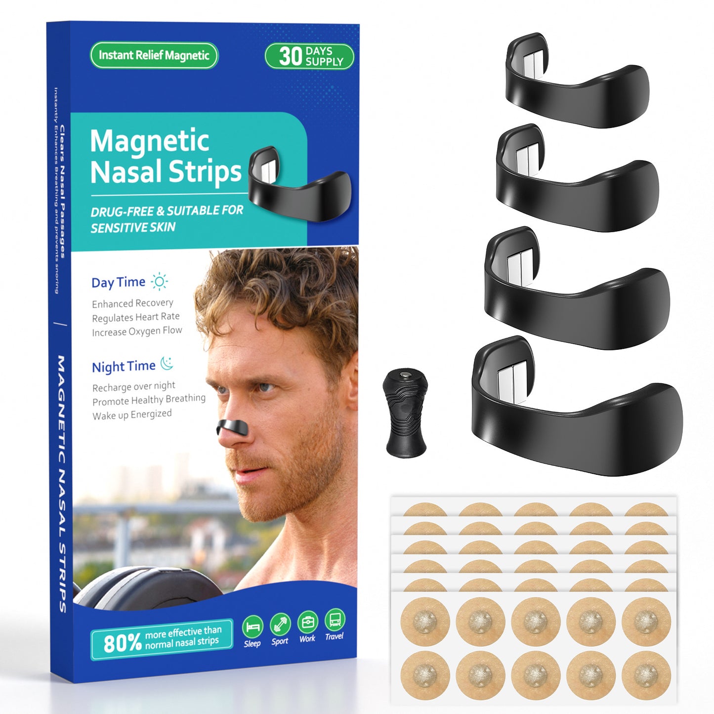 Black Magnetic Nasal Strips Kit (30-Day Supply): Breath Support with Reusable Bands & Adhesive Tabs – Enhance Oxygen Flow, Reduce Snoring, Improve...