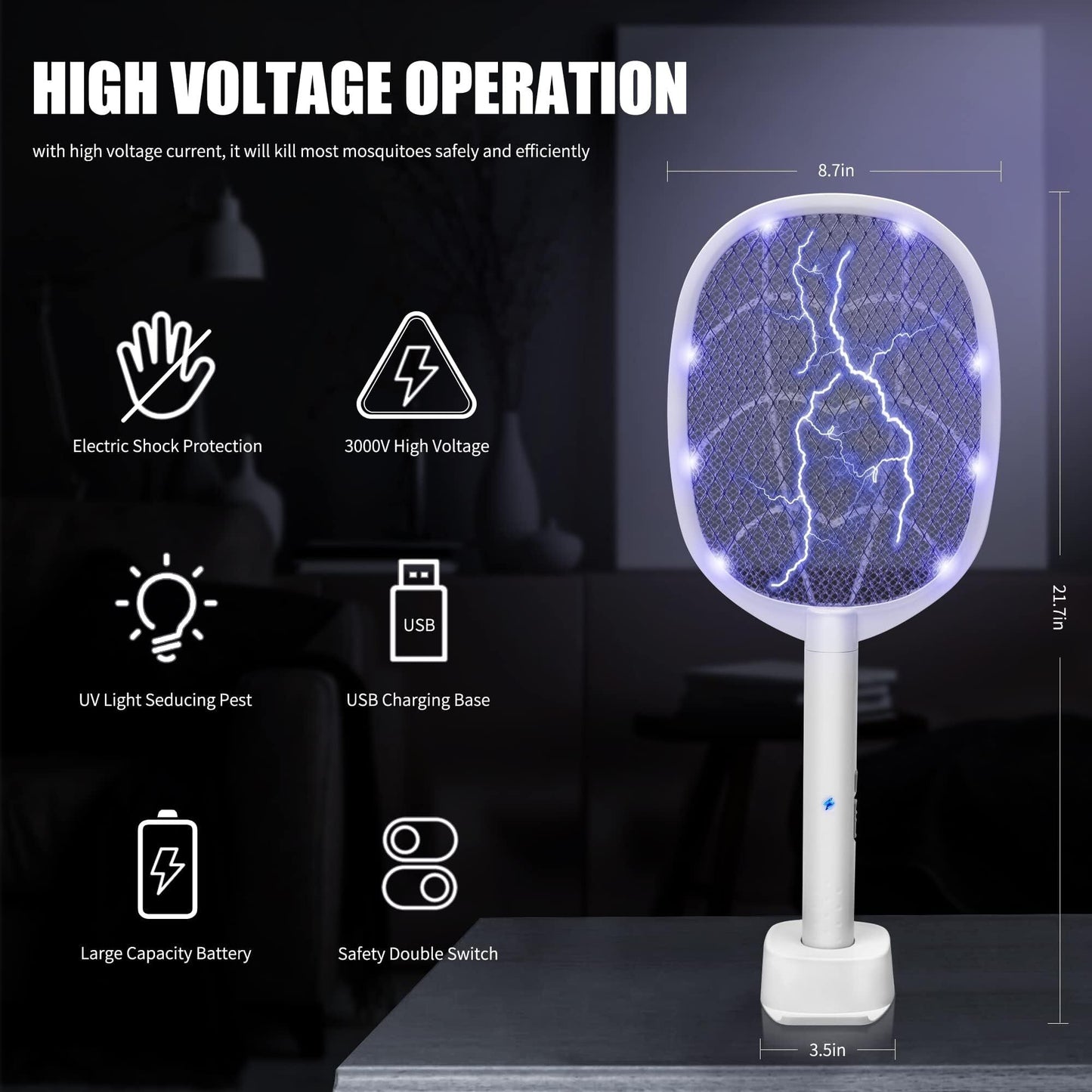 Dual-Mode UV Electric Mosquito Swatter with LED Attraction & 3000V Zapper – Rechargeable Bug Killer for Indoor and Outdoor Use (White)