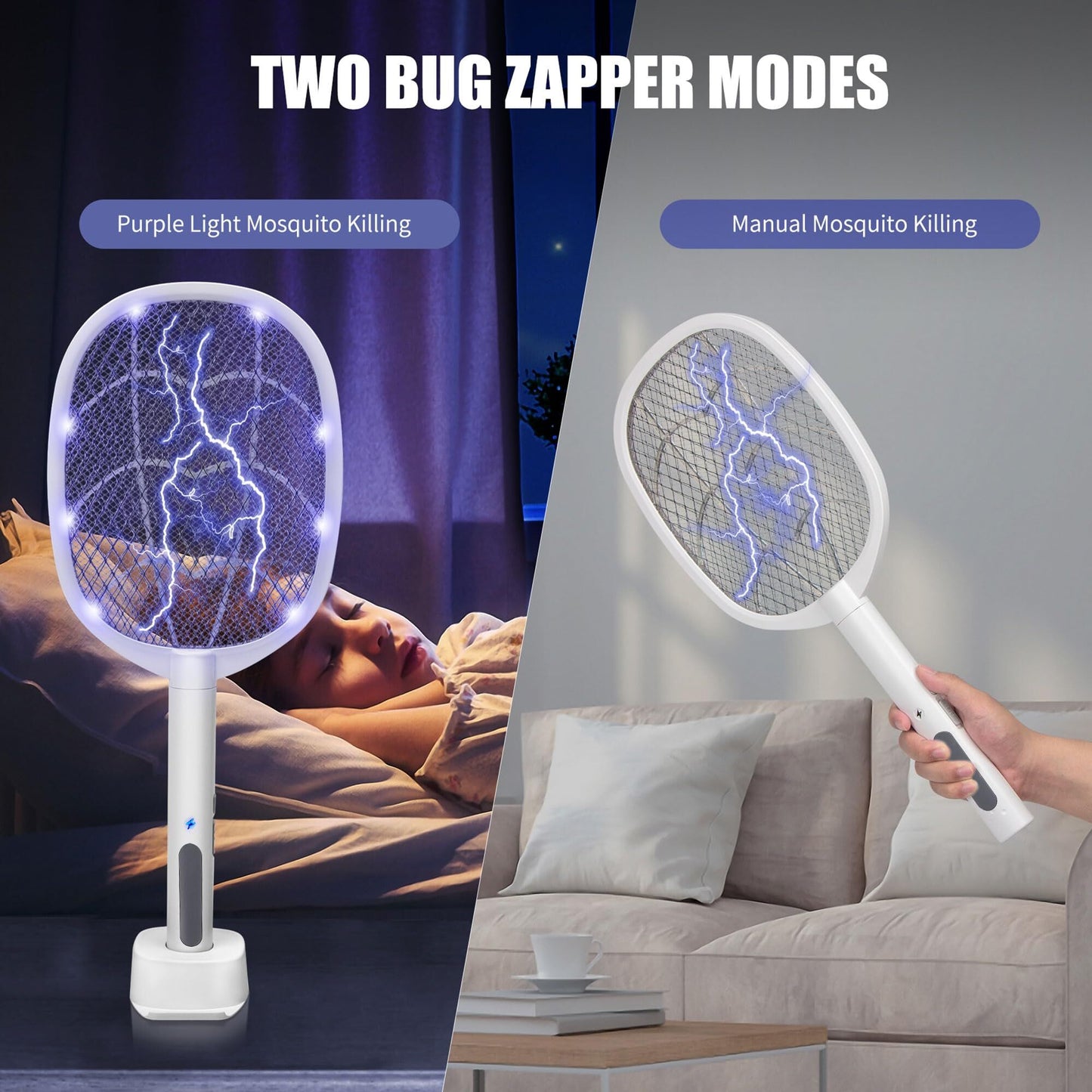Dual-Mode UV Electric Mosquito Swatter with LED Attraction & 3000V Zapper – Rechargeable Bug Killer for Indoor and Outdoor Use (White)