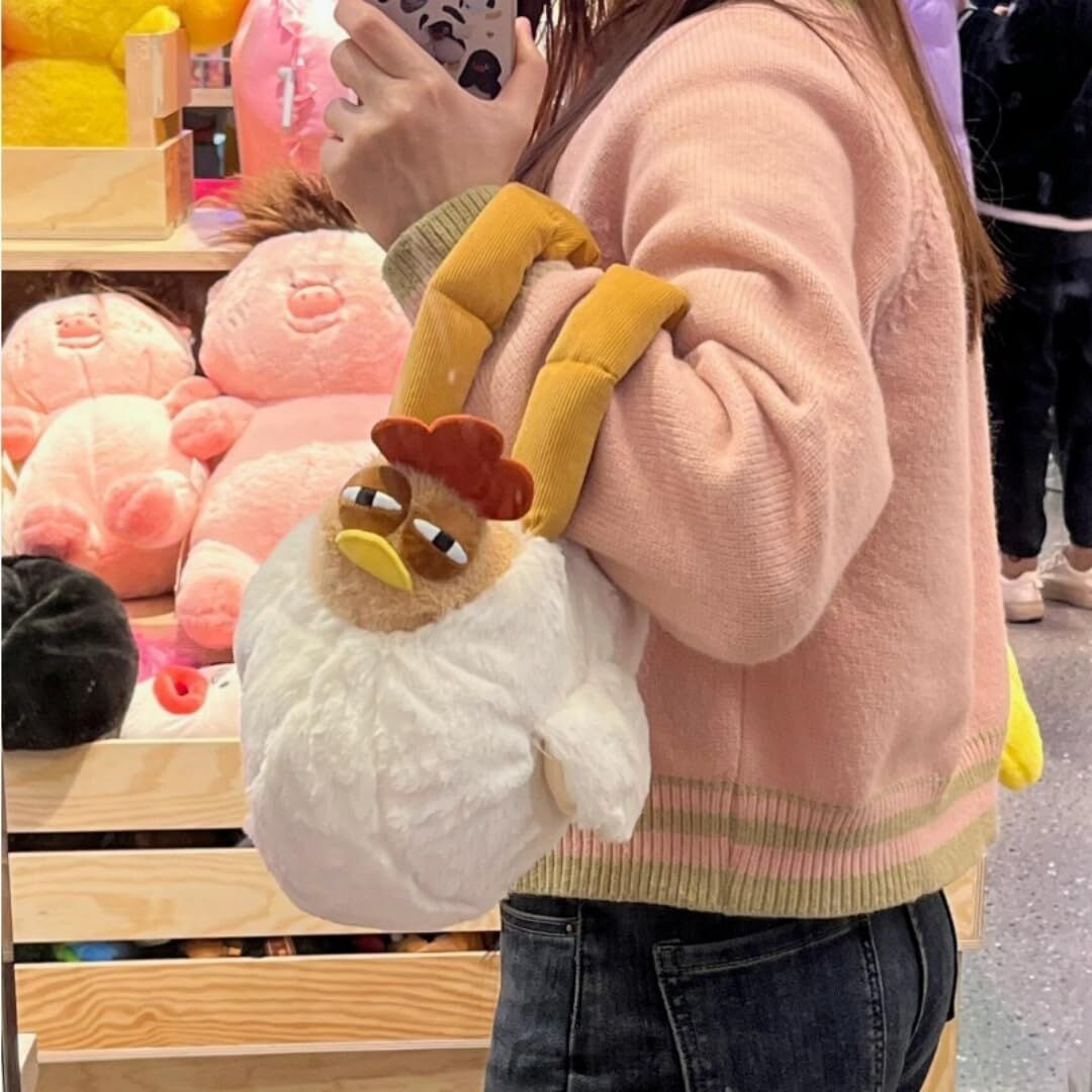Cute Chicken Plush Handbag – White & Brown Kawaii Animal Tote for Girls & Women | Fun Gift Idea