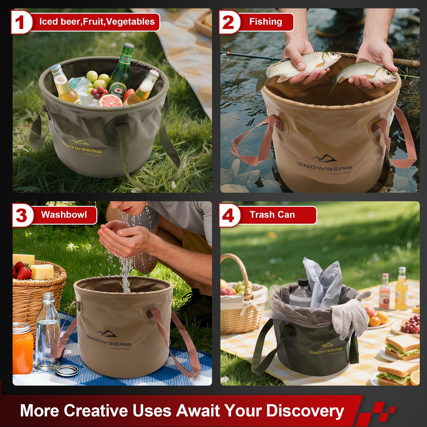 Multi-Use Collapsible Bucket – Foldable Camping Container with Dual Handles, 10L/20L Capacity, Supports 22 lbs or 44 lbs, Waterproof PVC Mesh for...