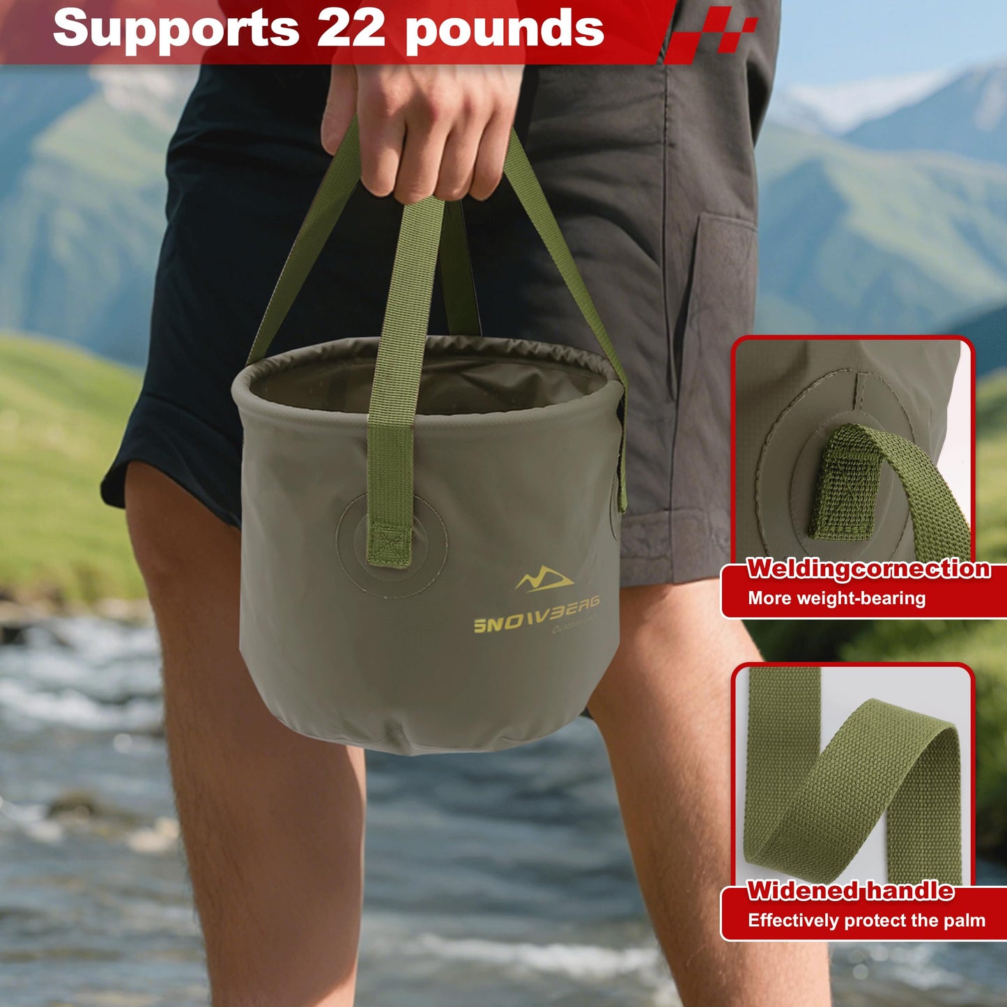 Multi-Use Collapsible Bucket – Foldable Camping Container with Dual Handles, 10L/20L Capacity, Supports 22 lbs or 44 lbs, Waterproof PVC Mesh for...