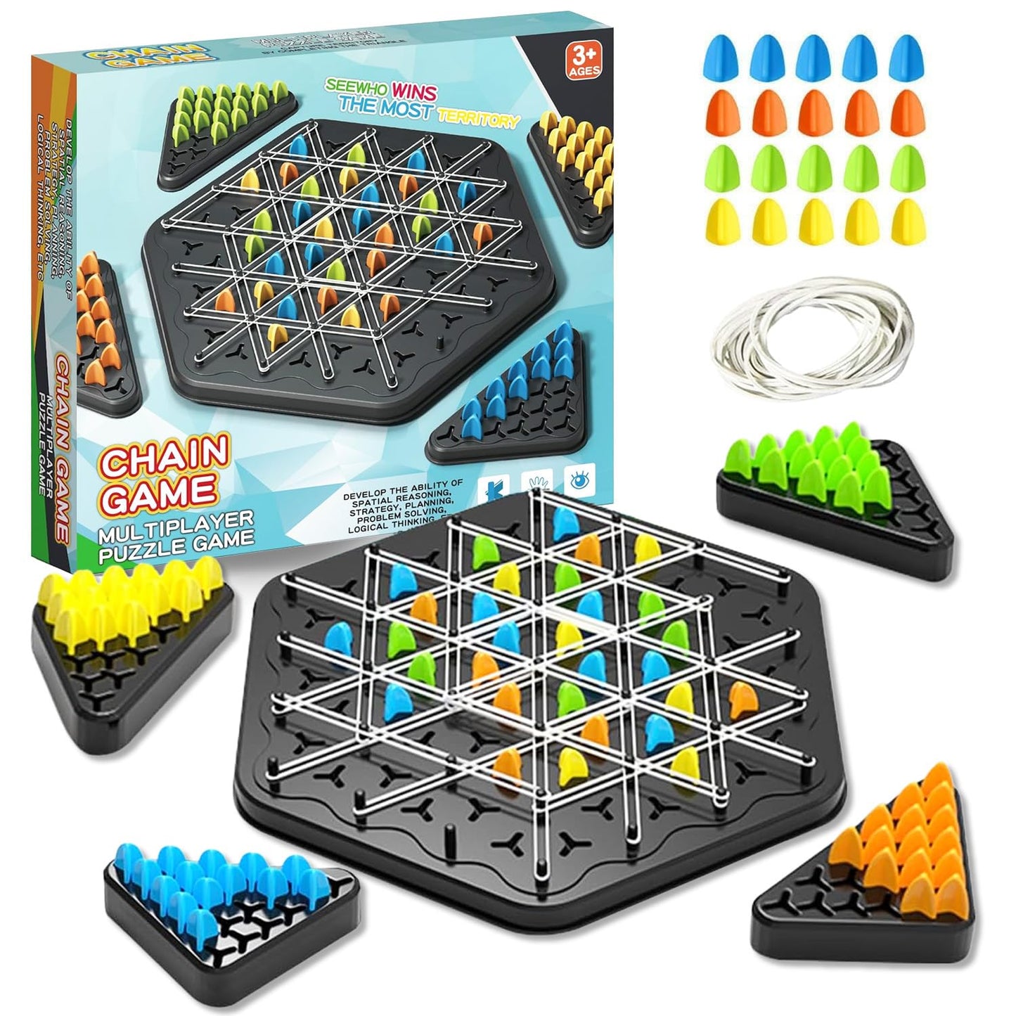 Chain Game – Multiplayer Strategy Board Puzzle for Kids & Adults | Fun Geometric Chess with Rubber Bands, 2–4 Players | Ideal Family Game for...