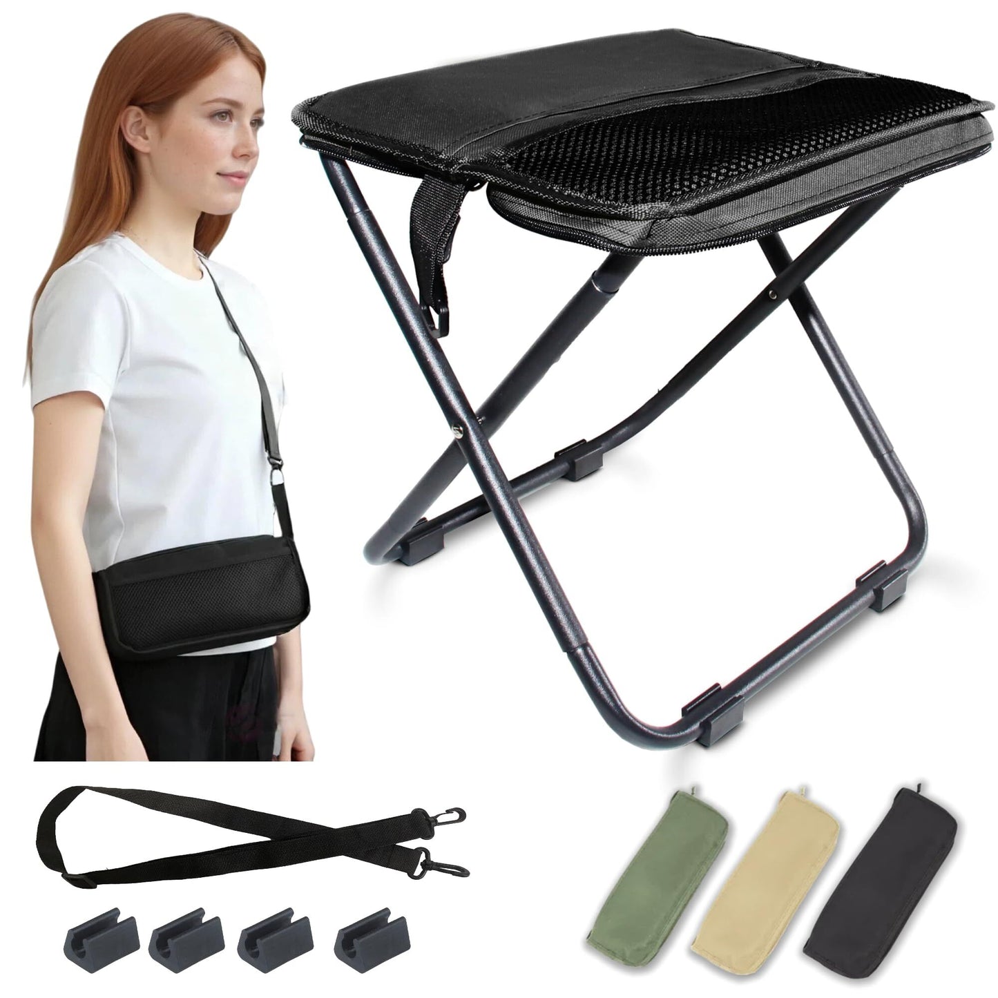 Black Portable Folding Chair – Compact Outdoor Stool for Camping, Fishing & Hiking | Lightweight Collapsible Seat with Carry Bag | Durable Steel...