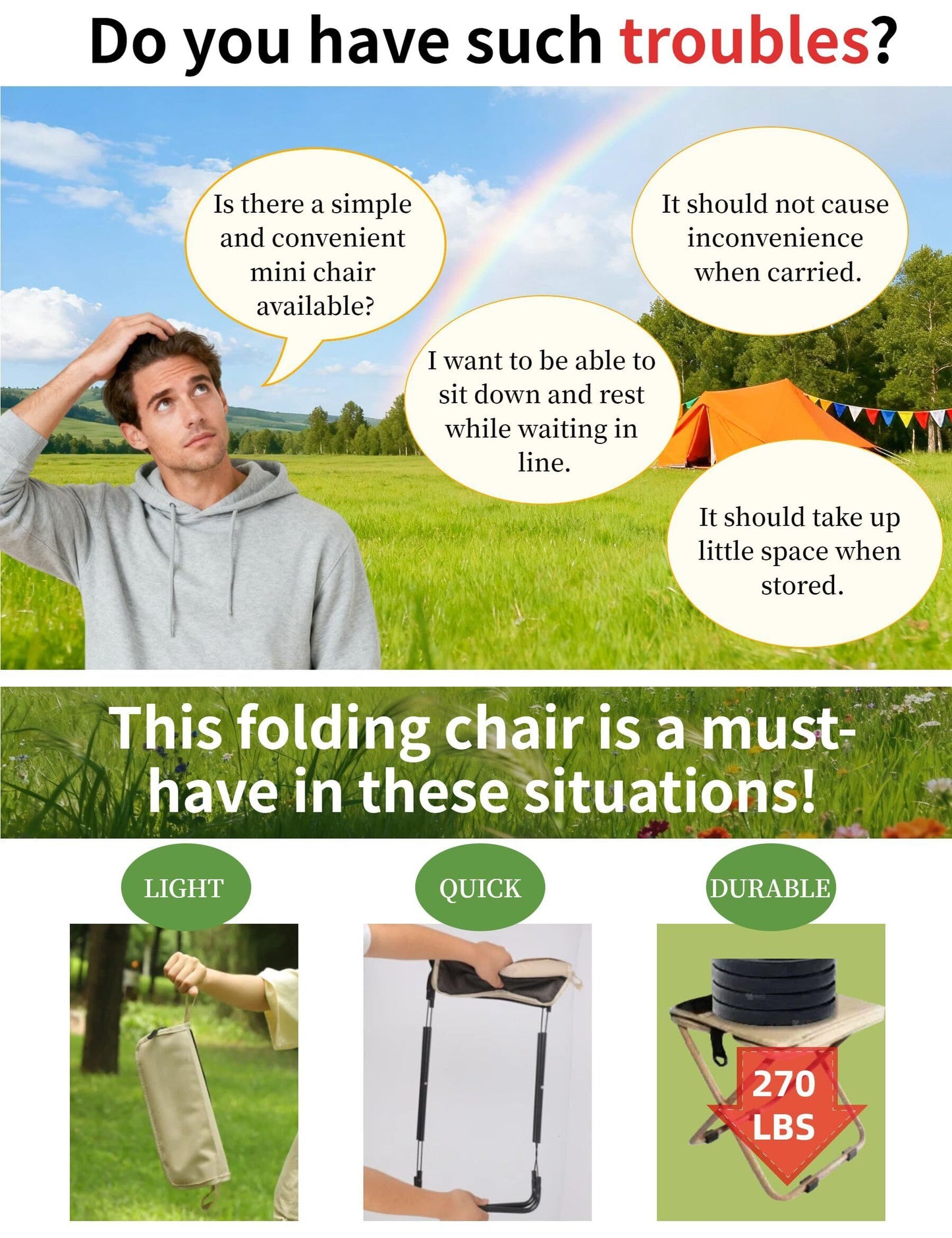 Black Portable Folding Chair – Compact Outdoor Stool for Camping, Fishing & Hiking | Lightweight Collapsible Seat with Carry Bag | Durable Steel...