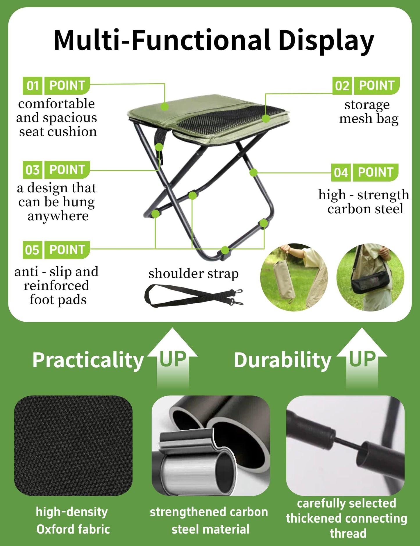 Black Portable Folding Chair – Compact Outdoor Stool for Camping, Fishing & Hiking | Lightweight Collapsible Seat with Carry Bag | Durable Steel...