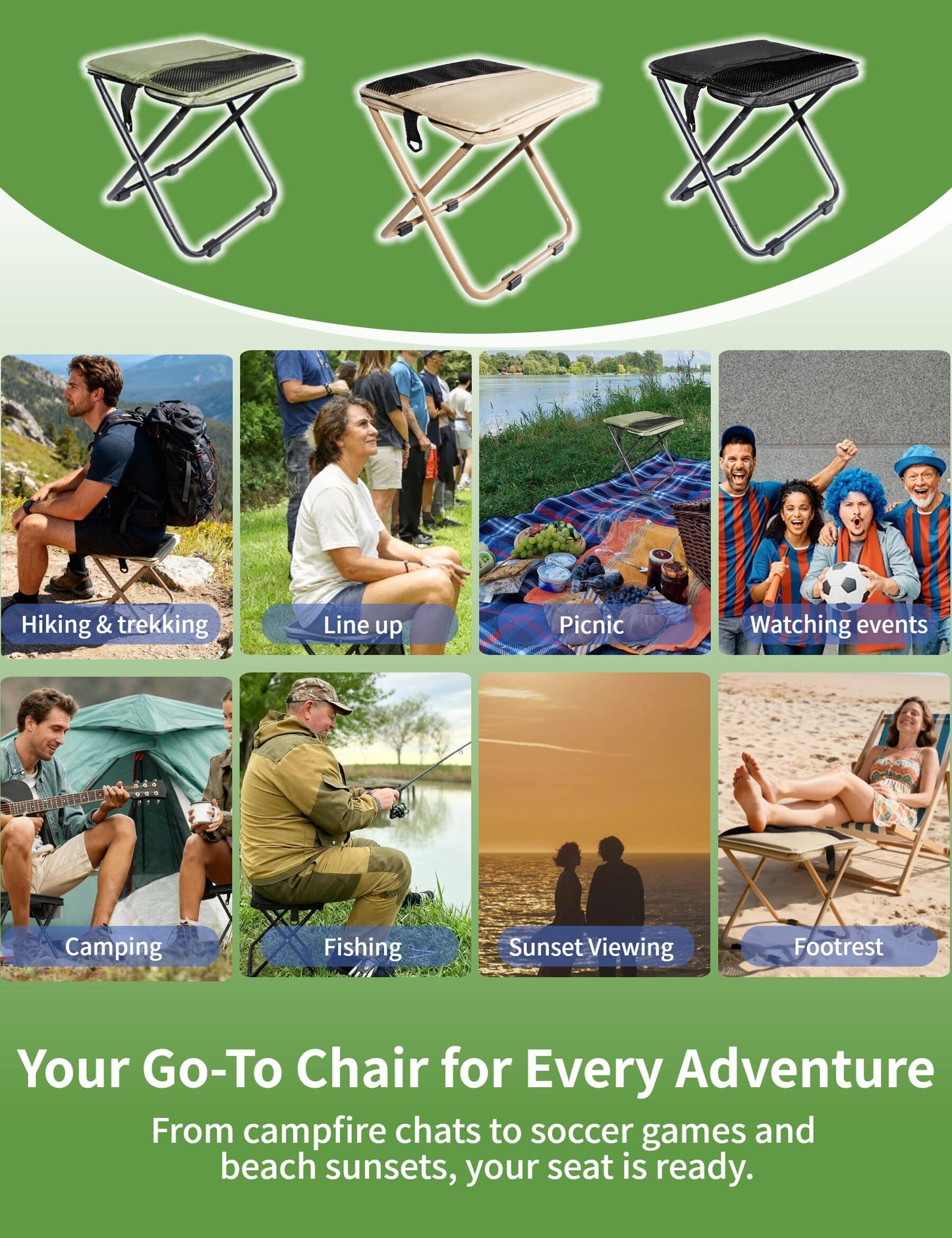 Black Portable Folding Chair – Compact Outdoor Stool for Camping, Fishing & Hiking | Lightweight Collapsible Seat with Carry Bag | Durable Steel...
