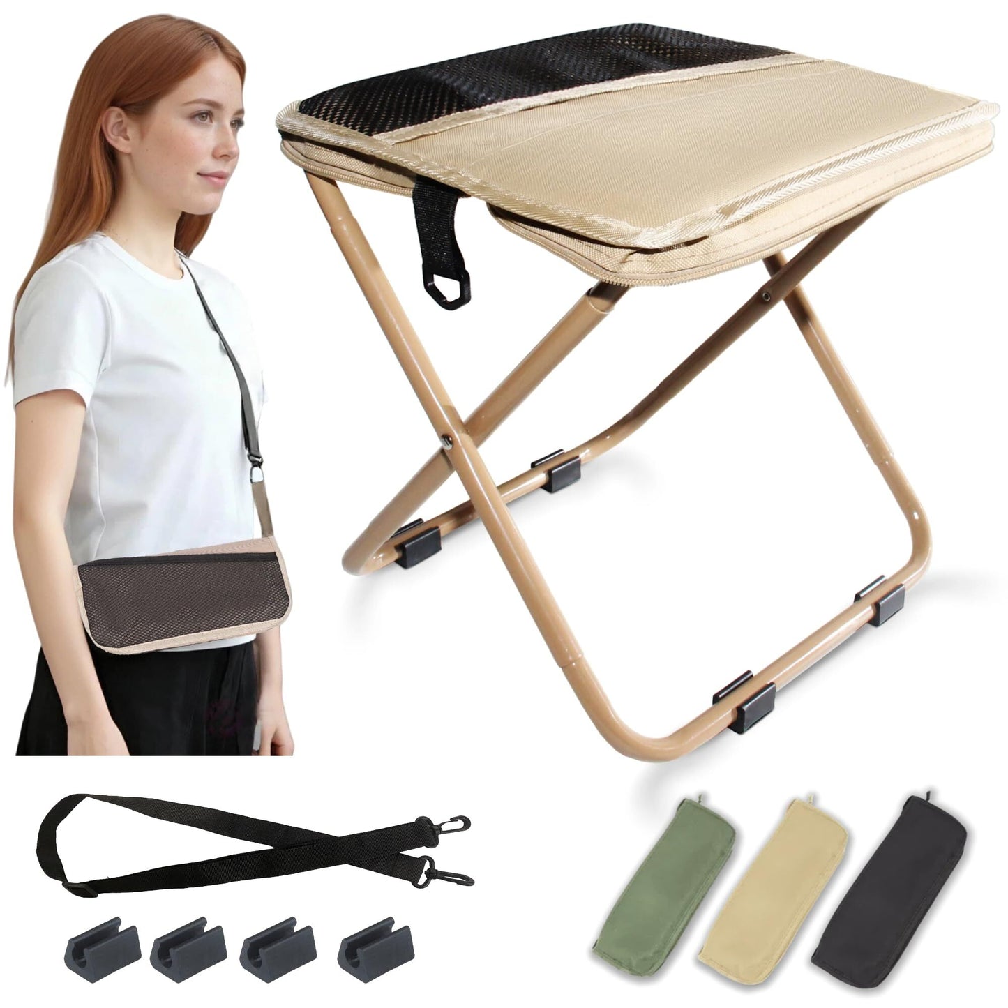 Khaki Portable Folding Chair – Compact Outdoor Stool for Camping, Fishing & Hiking | Lightweight Collapsible Seat with Carry Bag | Durable Steel...