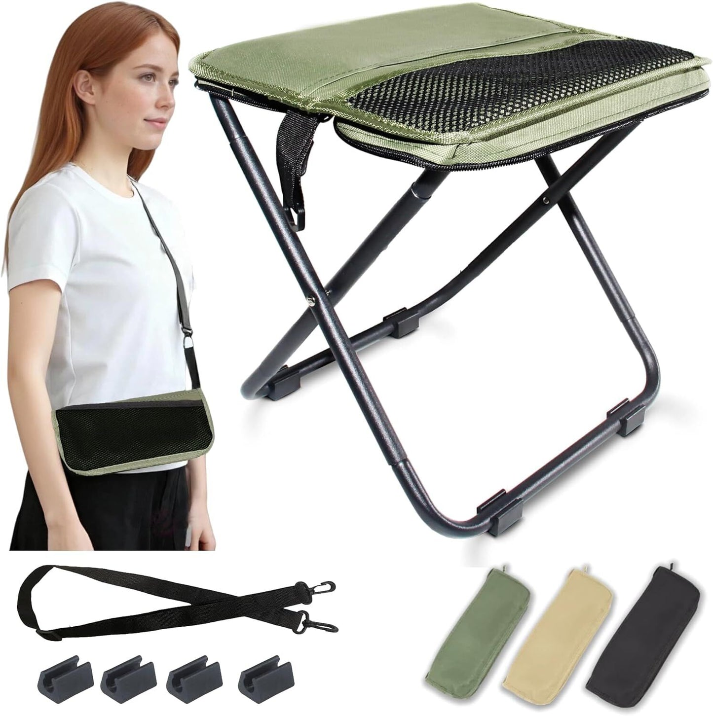 Green Portable Folding Chair – Compact Outdoor Stool for Camping, Fishing & Hiking | Lightweight Collapsible Seat with Carry Bag | Durable Steel...