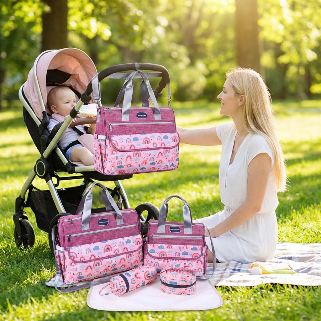 Newborn Diaper Bag Set with Changing Pad – 4-Piece Baby Organizer, Large Capacity Mom Backpack, Insulated Bottle Sleeve & Lunch Bag, Travel Diaper...