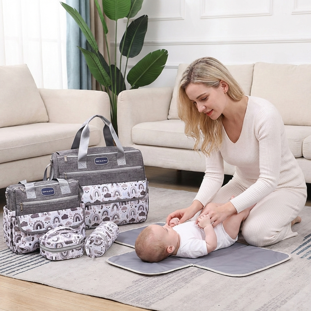 Newborn Diaper Bag Set with Changing Pad – 4-Piece Baby Organizer, Large Capacity Mom Backpack, Insulated Bottle Sleeve & Lunch Bag, Travel Diaper...