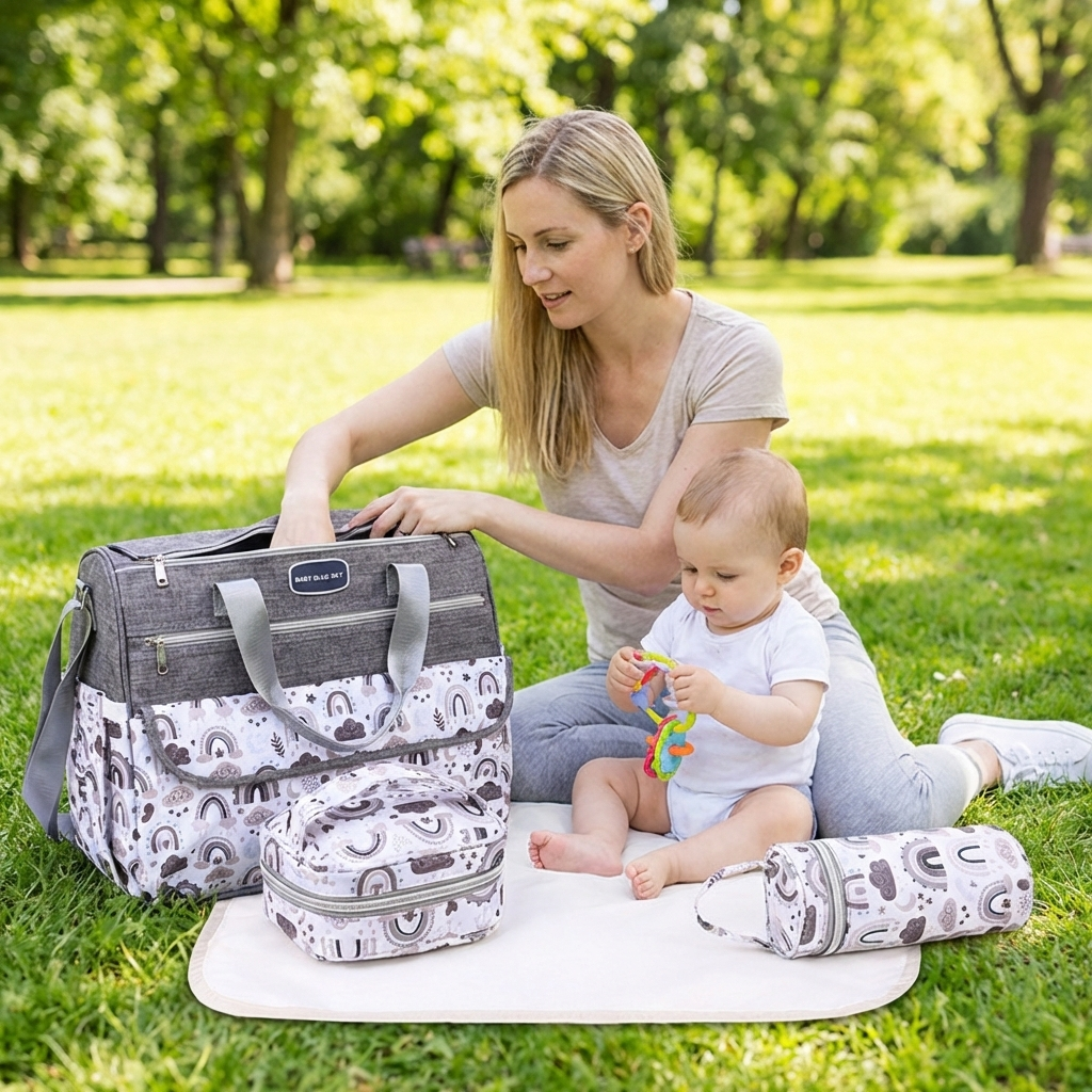 Newborn Diaper Bag Set with Changing Pad – 4-Piece Baby Organizer, Large Capacity Mom Backpack, Insulated Bottle Sleeve & Lunch Bag, Travel Diaper...