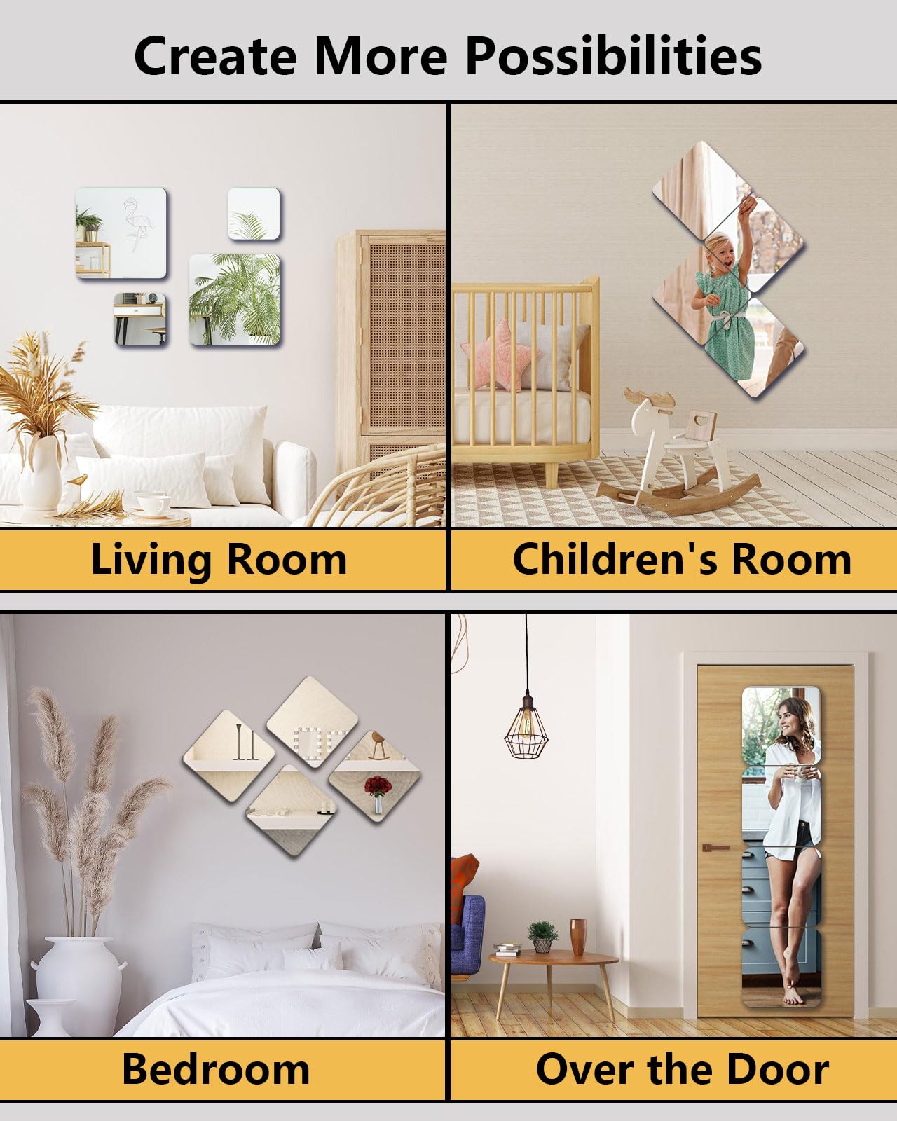 Shatterproof Acrylic Mirror Tiles – 4-Pack Wall Stickers for Kids, Home Gym, Bedroom & Bathroom, Easy Peel-and-Stick Decorative Mirrors with...