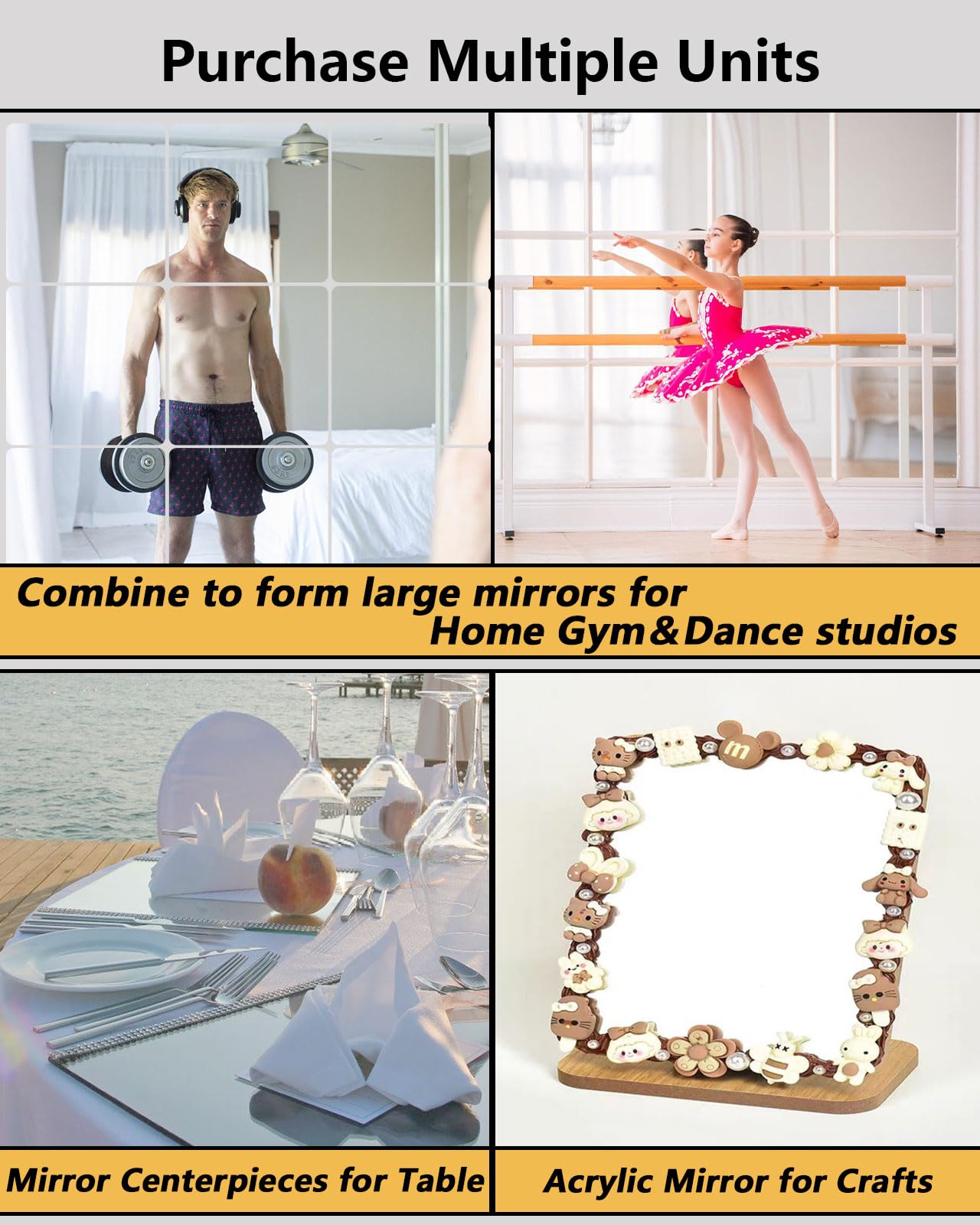 Shatterproof Acrylic Mirror Tiles – 4-Pack Wall Stickers for Kids, Home Gym, Bedroom & Bathroom, Easy Peel-and-Stick Decorative Mirrors with...