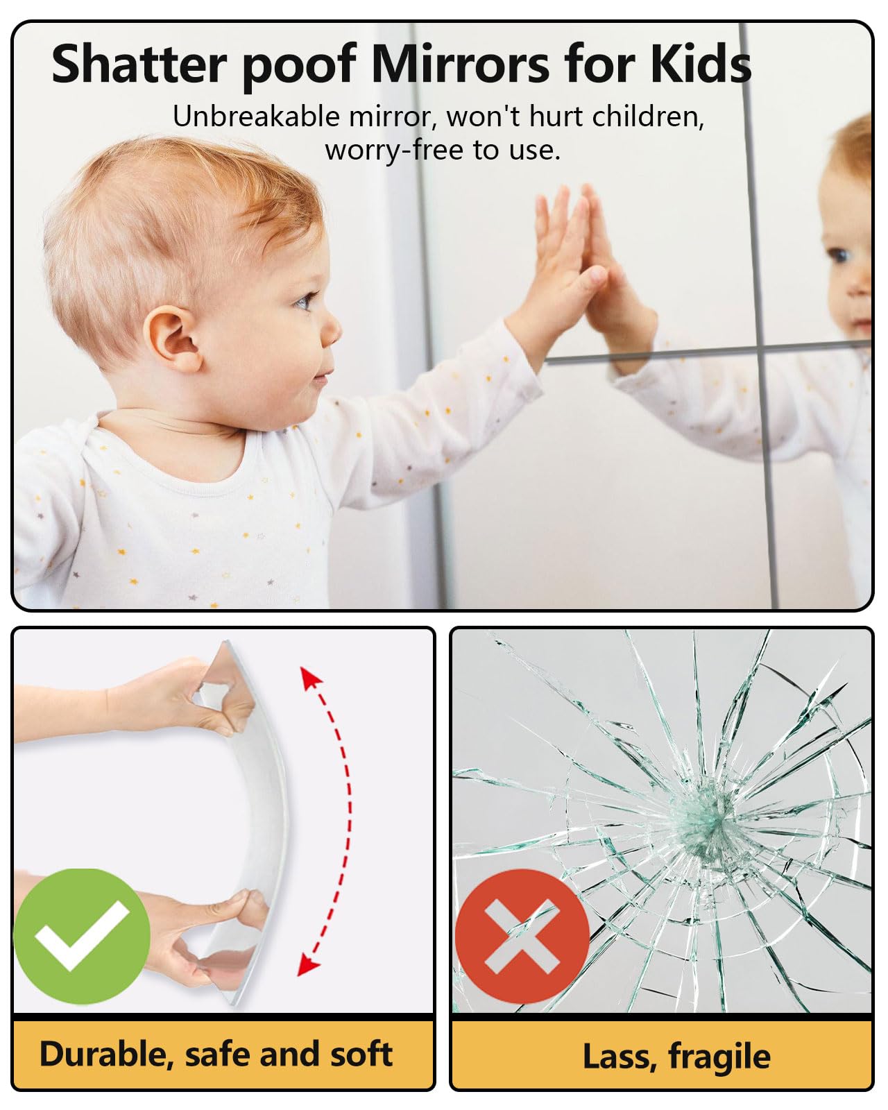 Shatterproof Acrylic Mirror Tiles – 4-Pack Wall Stickers for Kids, Home Gym, Bedroom & Bathroom, Easy Peel-and-Stick Decorative Mirrors with...