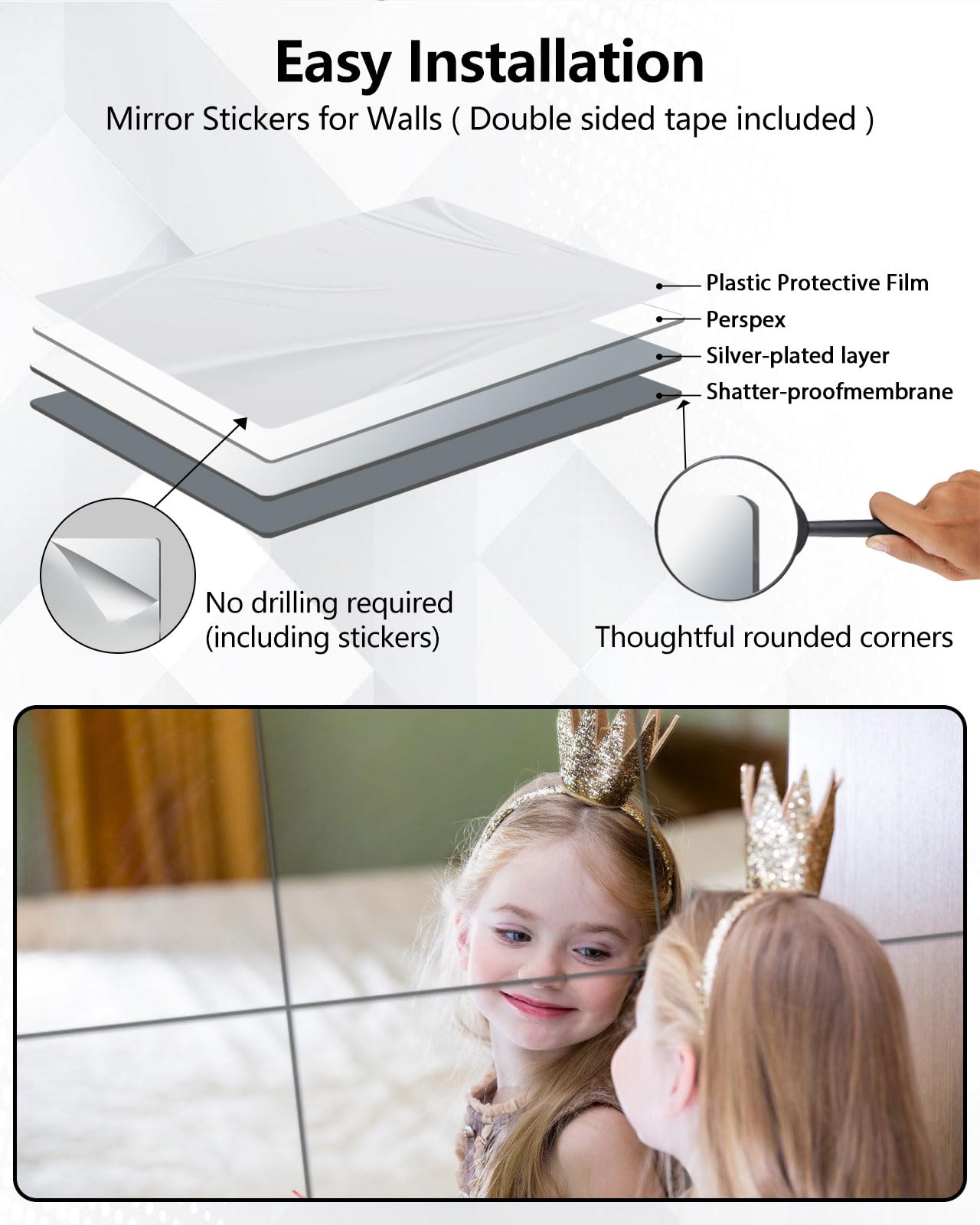 Shatterproof Acrylic Mirror Tiles – 4-Pack Wall Stickers for Kids, Home Gym, Bedroom & Bathroom, Easy Peel-and-Stick Decorative Mirrors with...