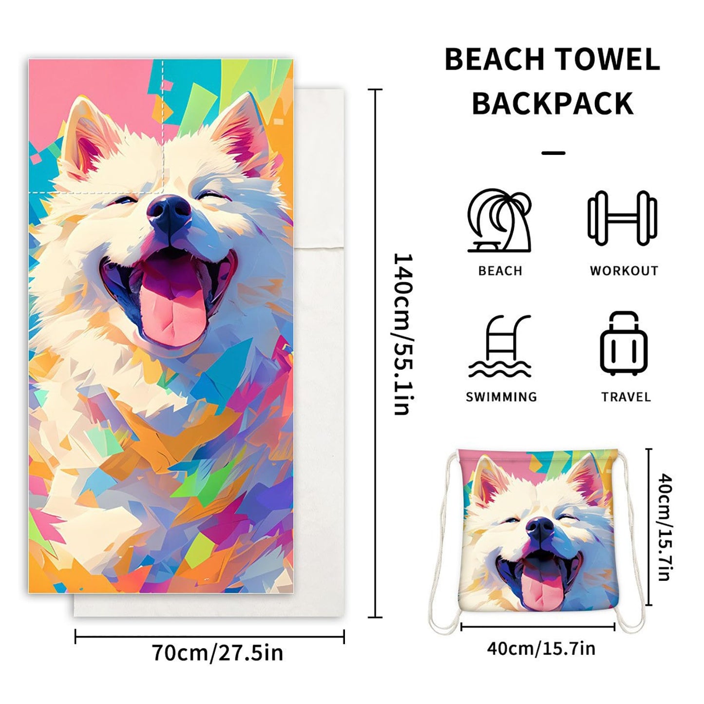 Dual-Function Foldable Beach Towel with Built-in Backpack – Soft Microfiber Towel & Compact Carry Bag in One, 55-Inch Large Size for Swimming,...