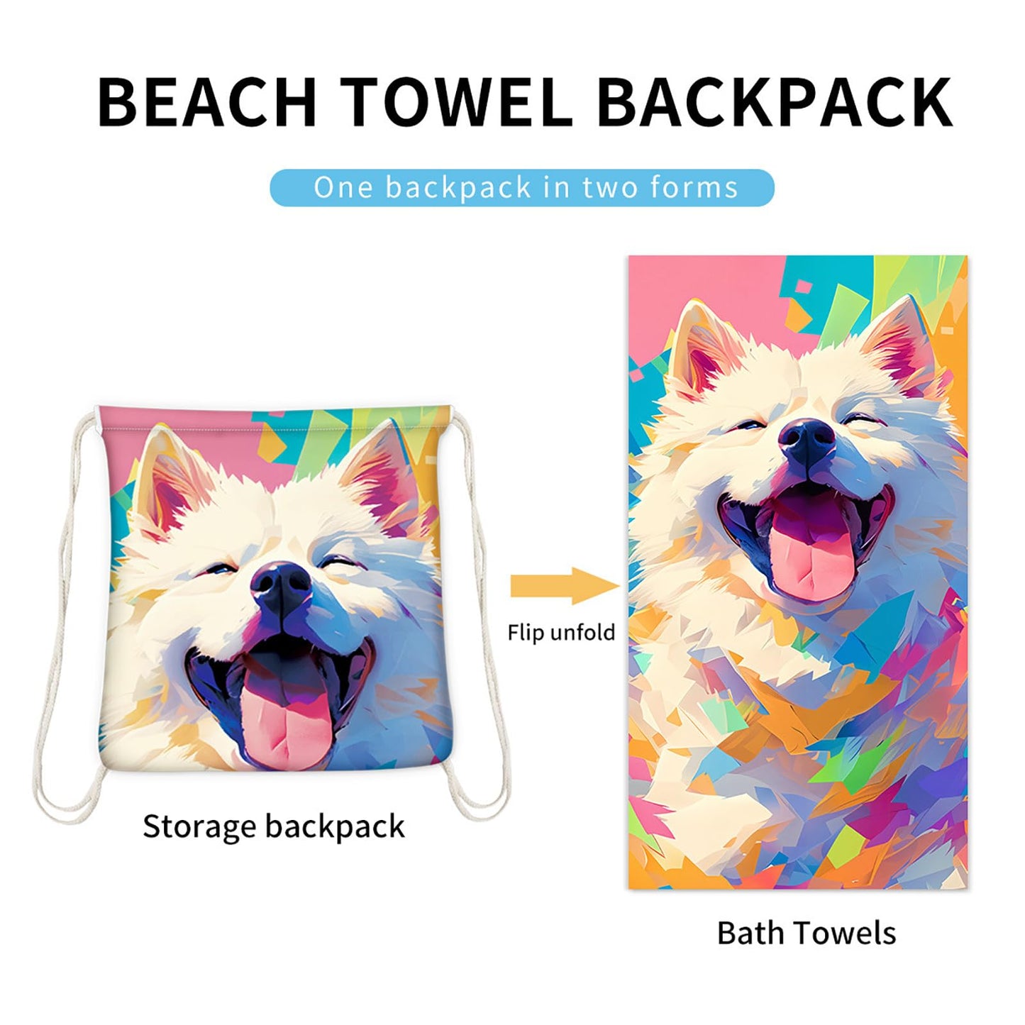 Dual-Function Foldable Beach Towel with Built-in Backpack – Soft Microfiber Towel & Compact Carry Bag in One, 55-Inch Large Size for Swimming,...