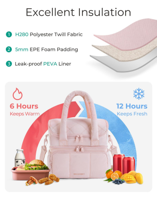 Double-Layer Insulated Lunch Bag with Quilted Design – 11.8L Cooler Tote for Work, Picnics & Travel (Pink) | Other Colors Available In-Store