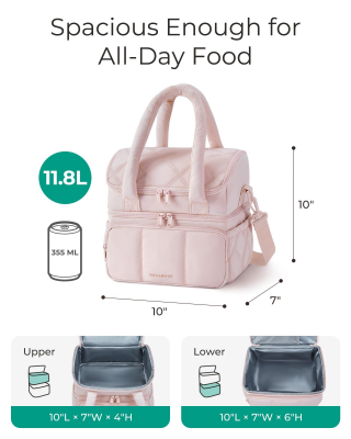 Double-Layer Insulated Lunch Bag with Quilted Design – 11.8L Cooler Tote for Work, Picnics & Travel (Pink) | Other Colors Available In-Store