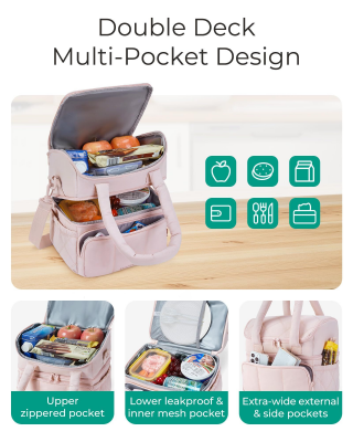 Double-Layer Insulated Lunch Bag with Quilted Design – 11.8L Cooler Tote for Work, Picnics & Travel (Pink) | Other Colors Available In-Store
