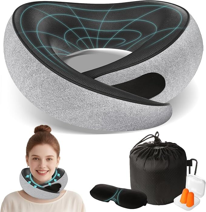 Travel Neck Pillows for Airplanes - 360° Ergonomic Memory Foam Travel Pillow - Relief Neck Pain with Breathable Support for Long Flights, Car,...