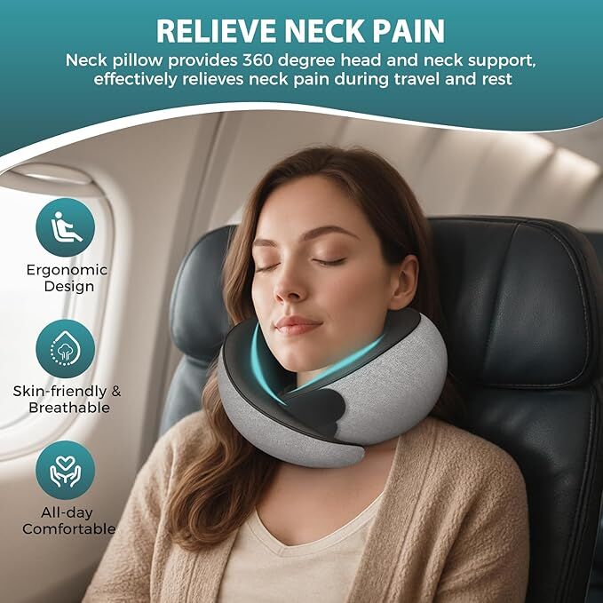 Travel Neck Pillows for Airplanes - 360° Ergonomic Memory Foam Travel Pillow - Relief Neck Pain with Breathable Support for Long Flights, Car,...