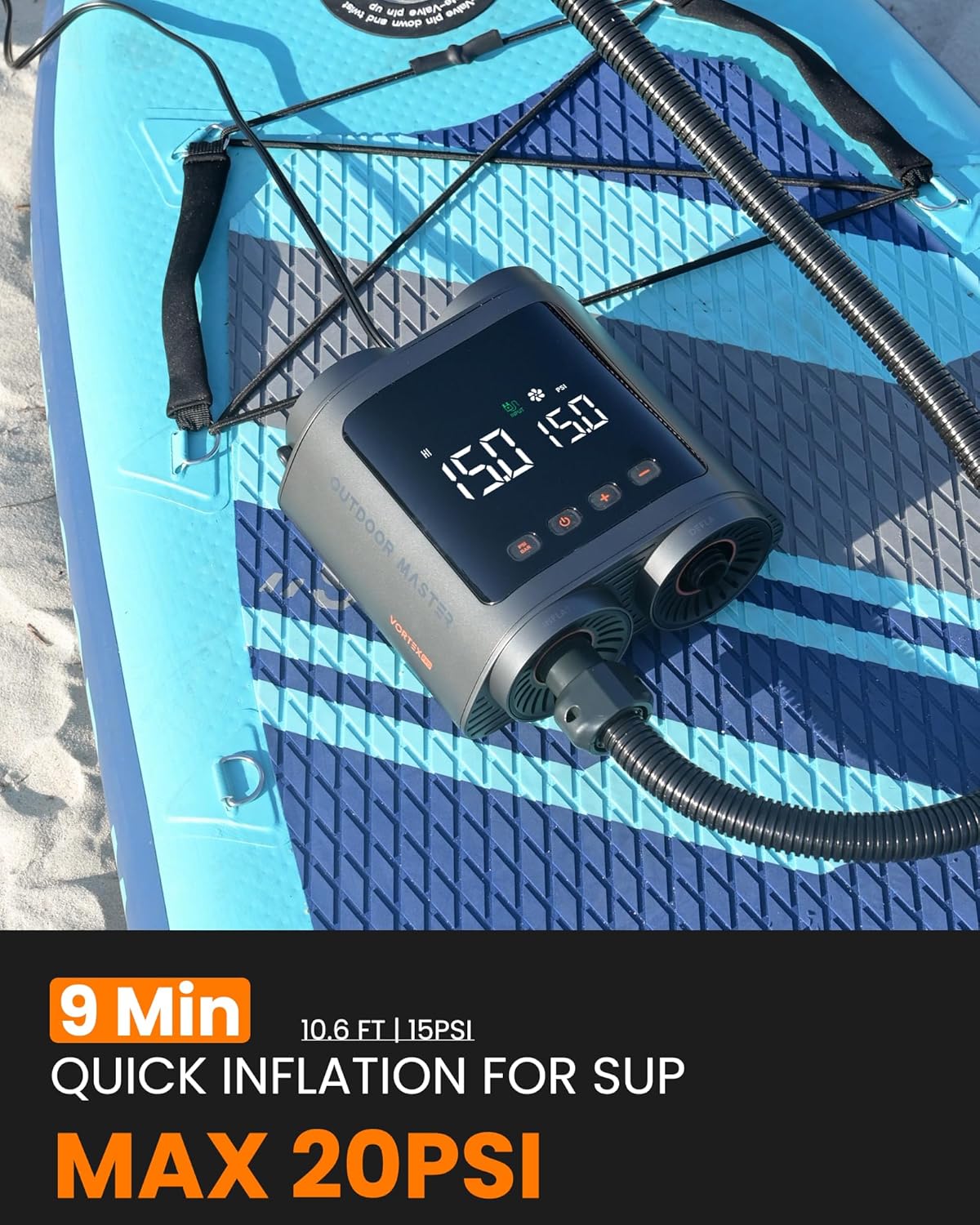 OutdoorMaster Vortex Paddle Board Pump Electric Portable, Max 20PSI SUP Air Pump Inflator & Deflator, 12V/15.8V DC Input, Auto Off & Cooling, 8...