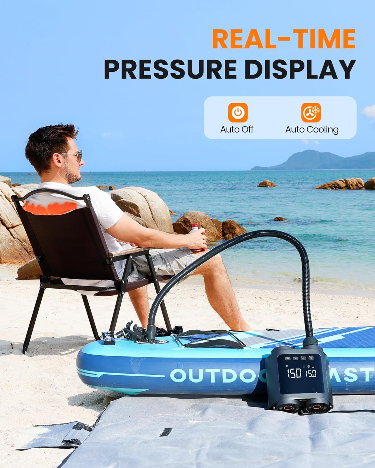 OutdoorMaster Vortex Paddle Board Pump Electric Portable, Max 20PSI SUP Air Pump Inflator & Deflator, 12V/15.8V DC Input, Auto Off & Cooling, 8...