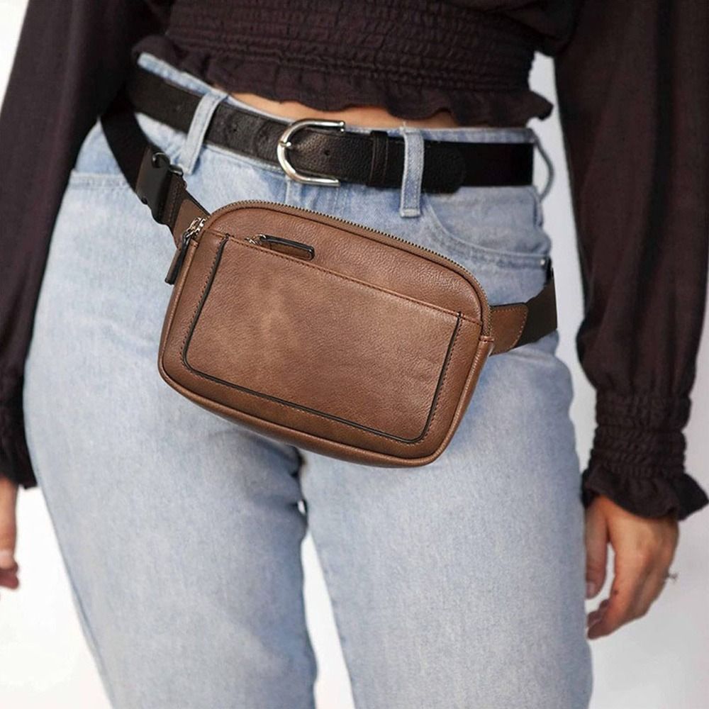Women Black Crossbody Waist Bag PU Leather Belt Bag Travel Bag