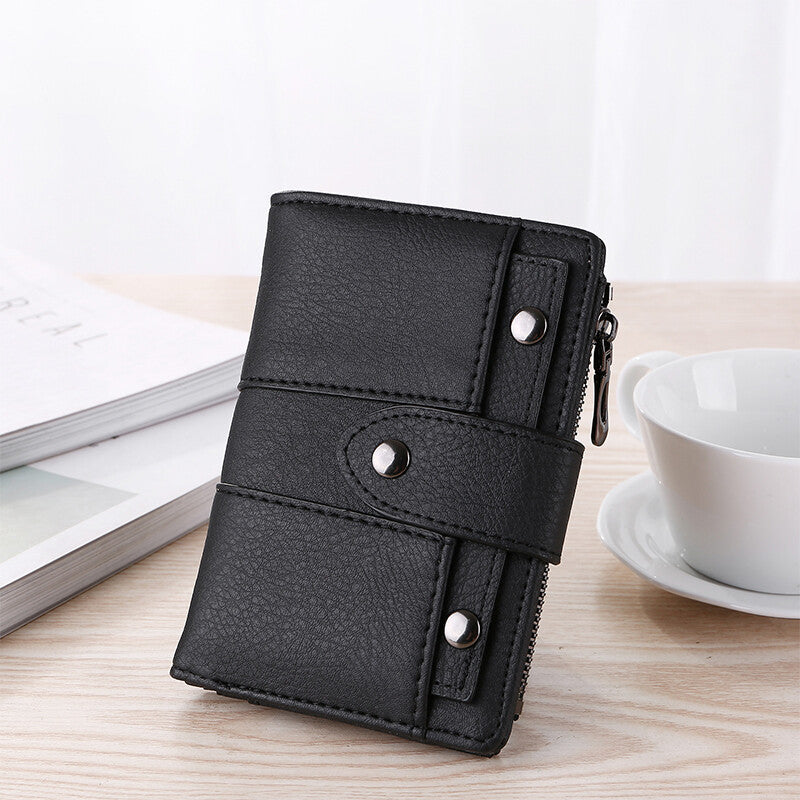 Leather Card Holder Wallet for Women Foldable Small Black Wallet