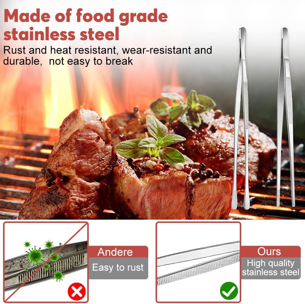 Kitchen Tongs, 2 Pieces BBQ Tongs with Serrated Tips, Kitchen Tongs, Stainless Steel, Long Tong, Professional Multi-Function, Straight Precision...