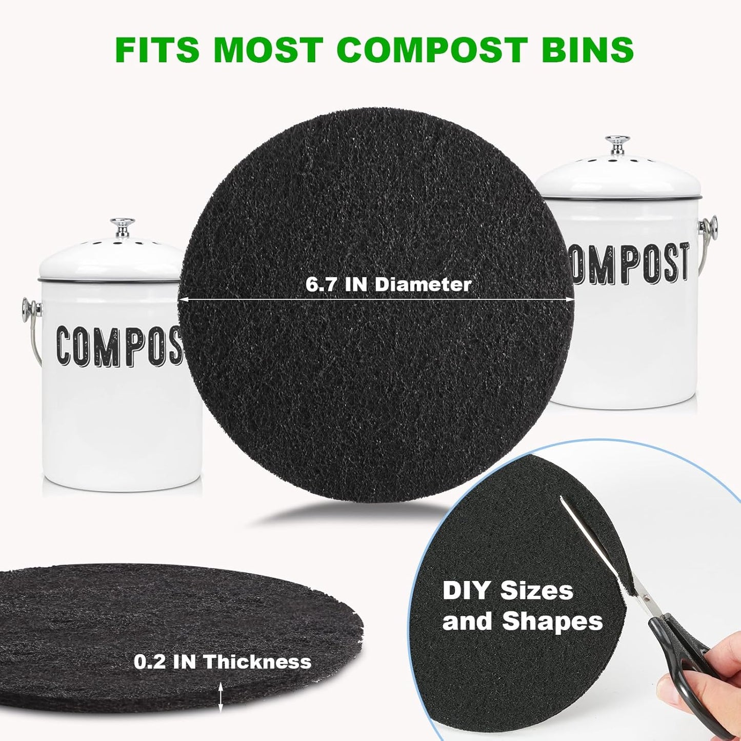 Charcoal Filters for Kitchen Compost Bin, 6 Pack Filters for Compost Pails Countertop Bin Replacement, Activated Charcoal Home Bucket Refill Sets,...