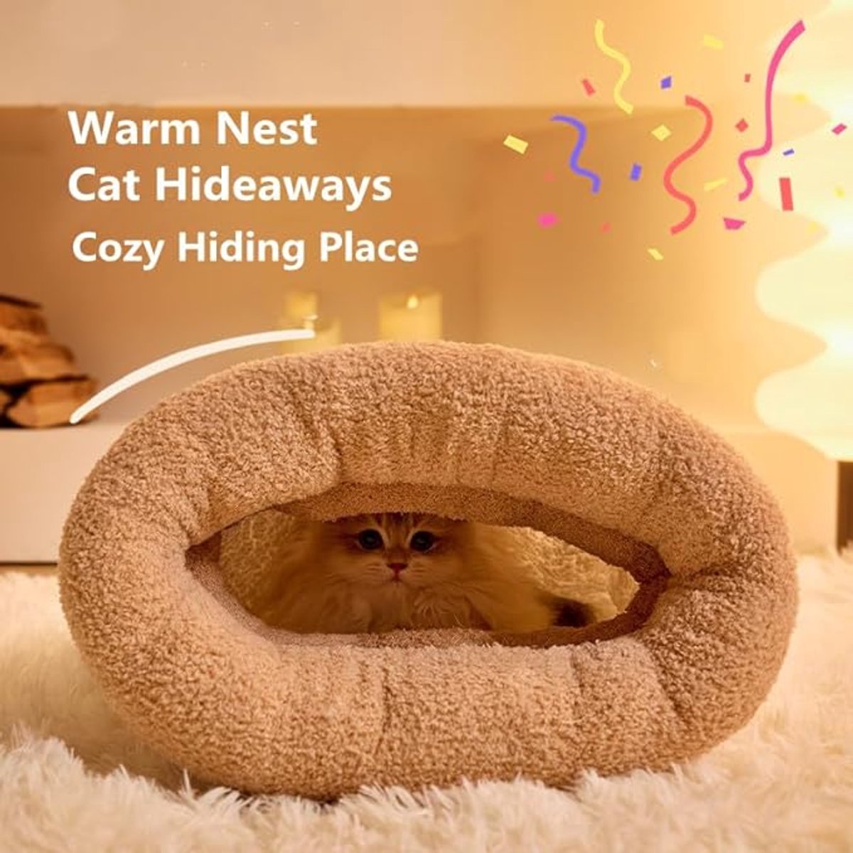 Cat Bed - Cave Cat Basket - Winter Sleeping Bag for Pets - Soft Plush Cat Bed - Suitable for Indoor Cats, Kittens and Dogs (Beige, L-54*45cm)