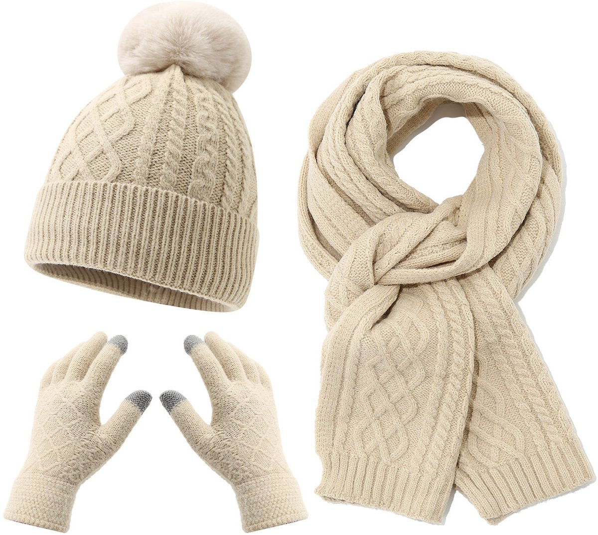 Women's Three-Piece Scarf Set - Women's Scarf - Women's Gloves - Warm Winter Hat - Solid Color - Cable Knit - Warm Hat with Fleece Lining - Knitted...