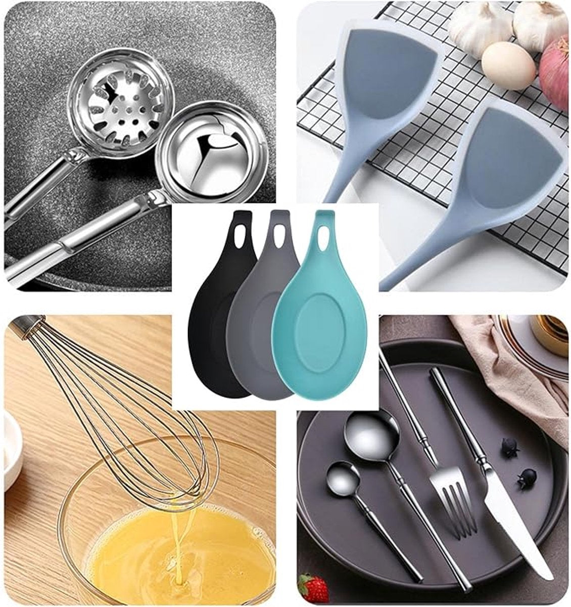 Kitchen Utensils - Set of 3 - Spoon Holder - Spoon Mat - Kitchen Storage Rack - Kitchen Accessories - Made of Silicone - Suitable for wooden,...
