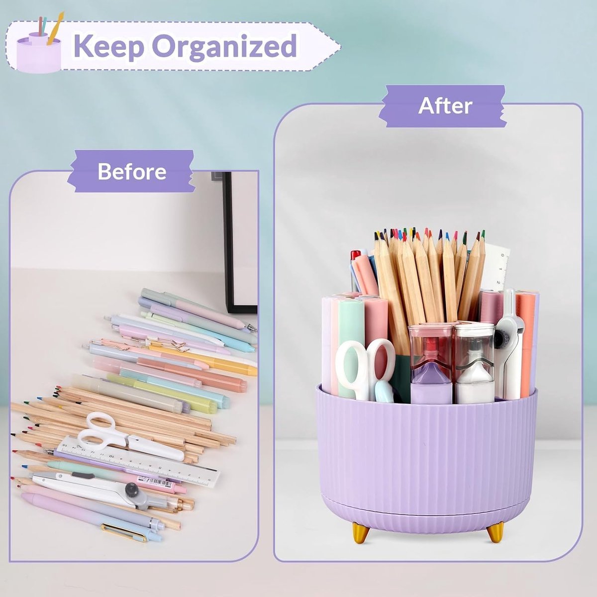Storage Box - Rotating purple organizer for pens and art supplies - Storage box with compartments - Rotatable - Suitable for offices, schools and...