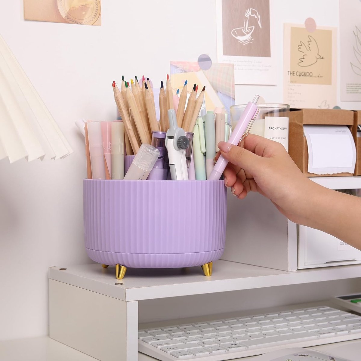 Storage Box - Rotating purple organizer for pens and art supplies - Storage box with compartments - Rotatable - Suitable for offices, schools and...