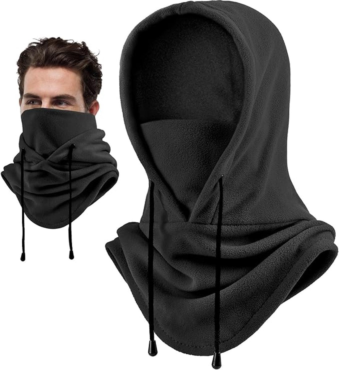 Hooded Scarf - Drawstring Scarf - Windproof Face Mask - Warm Face Mask - Scarf - Black - Motorcycle Neck Warmer - Suitable for winter activities...